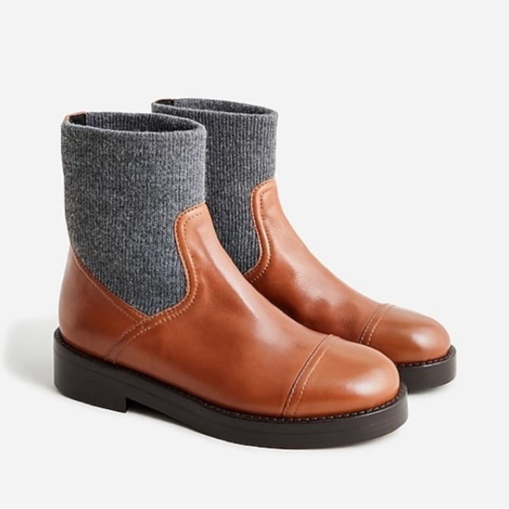 J. Crew Brown Leather Ankle Boots with Gray Knit Cuff